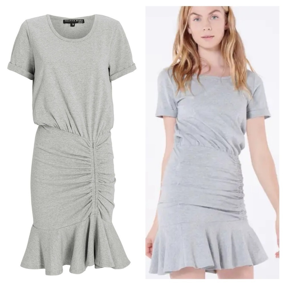 Veronica Beard / Ruched short sleeve grey gray pima cotton  Dress Large L